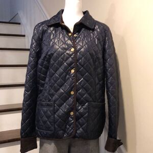 TOMMY HILFIGER Navy Quilted Jacket with Brown Corduroy Collar & Cuffs Sz XL